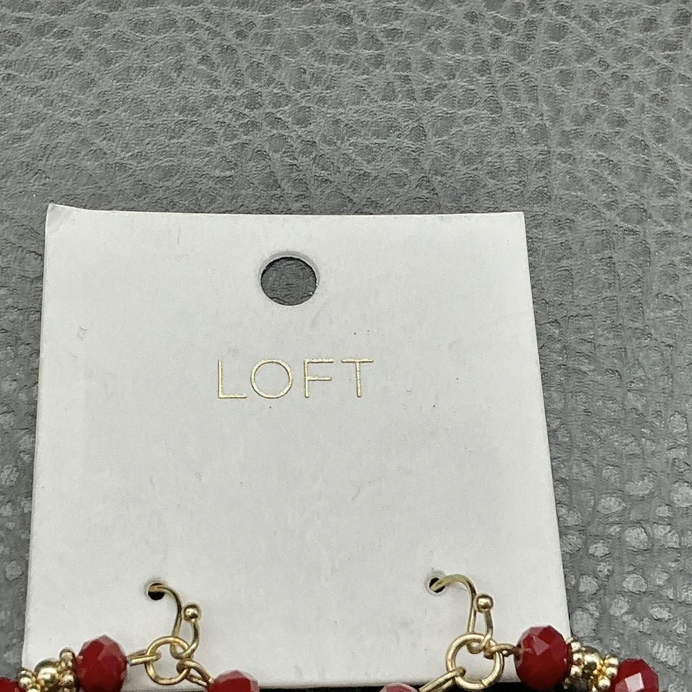 LOFT Earrings Red Beaded Hoop‎ Womens Gold Tone Pom Pom Dangle Jewelry Fashion